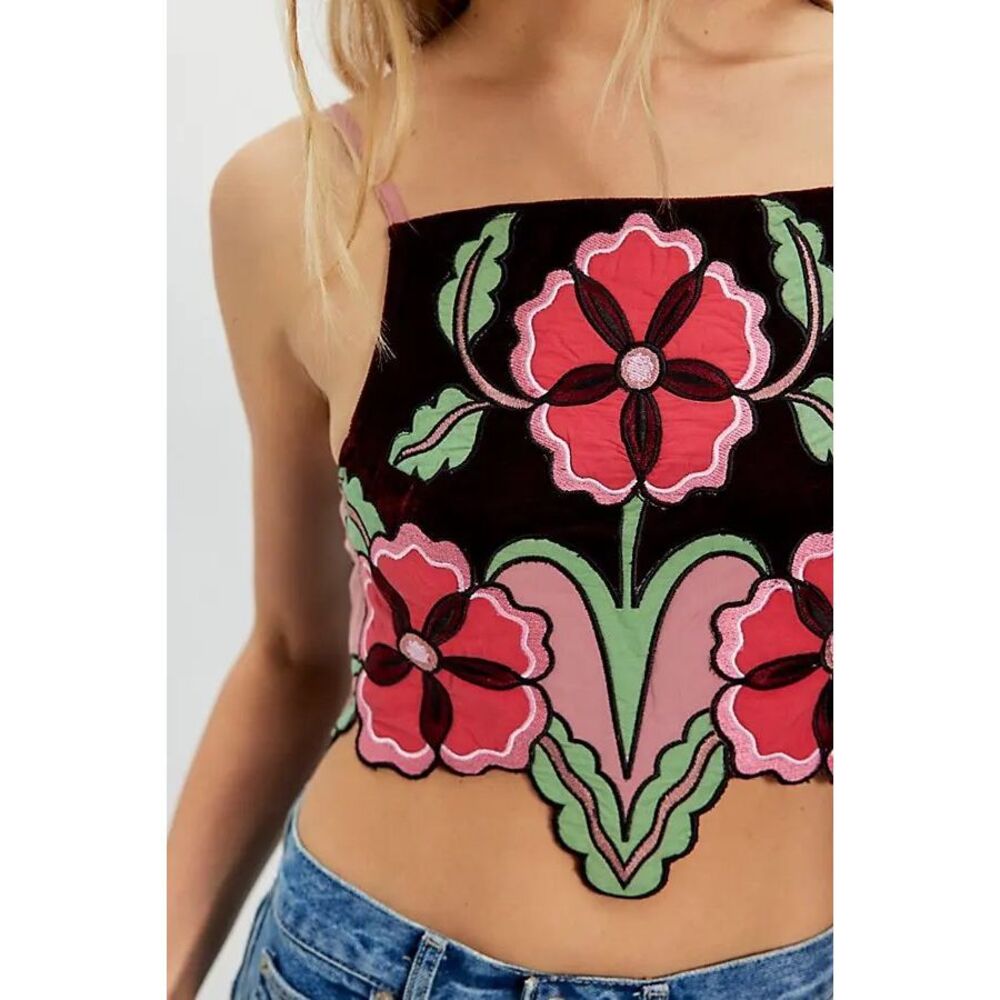 NWT Floral Velvet Embroidered Crop Top Boho Festival Statement Piece $148 MSRP - Picture 3 of 7